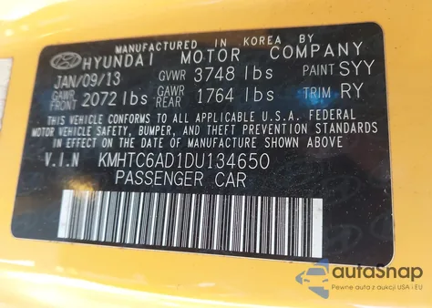 2013 Hyundai Veloster Base W/Black from USA, damaged, VIN KMHTC6AD1DU134650